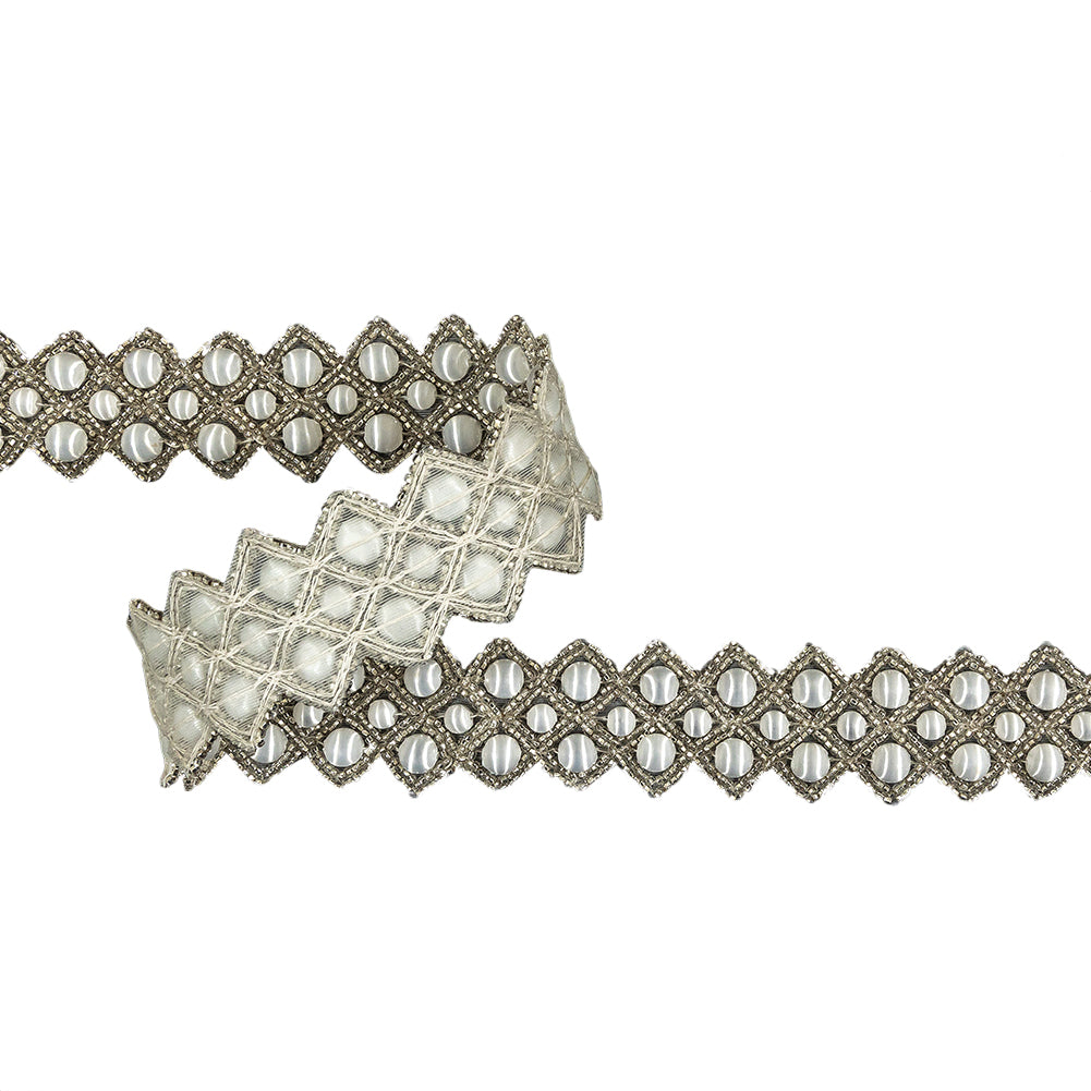 Vintage White and Silver Diamonds Beaded Trim - 1.25