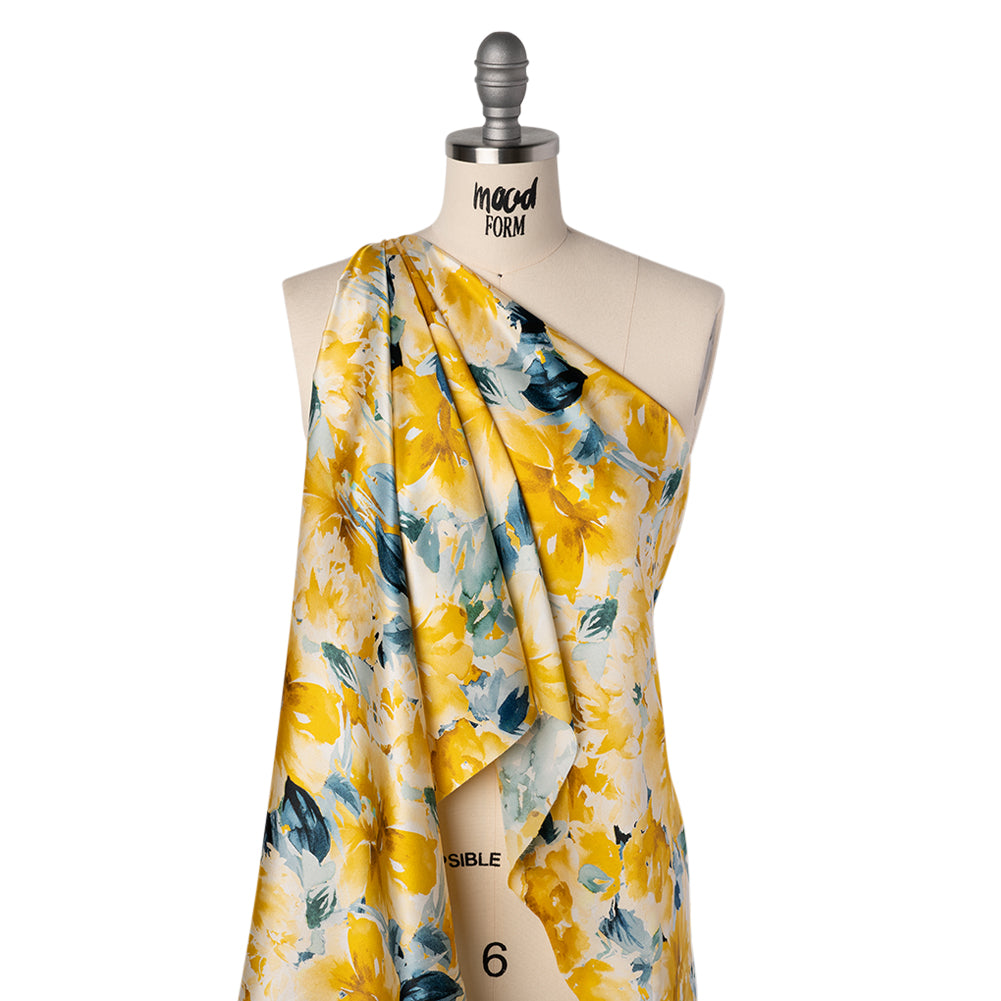 Silk Charmeuse Print 16MM, Made in Italy - Yellow and Dark Teal Watercolor Flower Garden - Joann Fabrics
