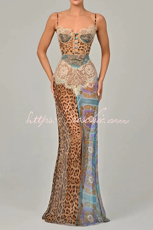 Chiffon Leopard Print Sexy Lace Splicing High Slit Slim Maxi Dress