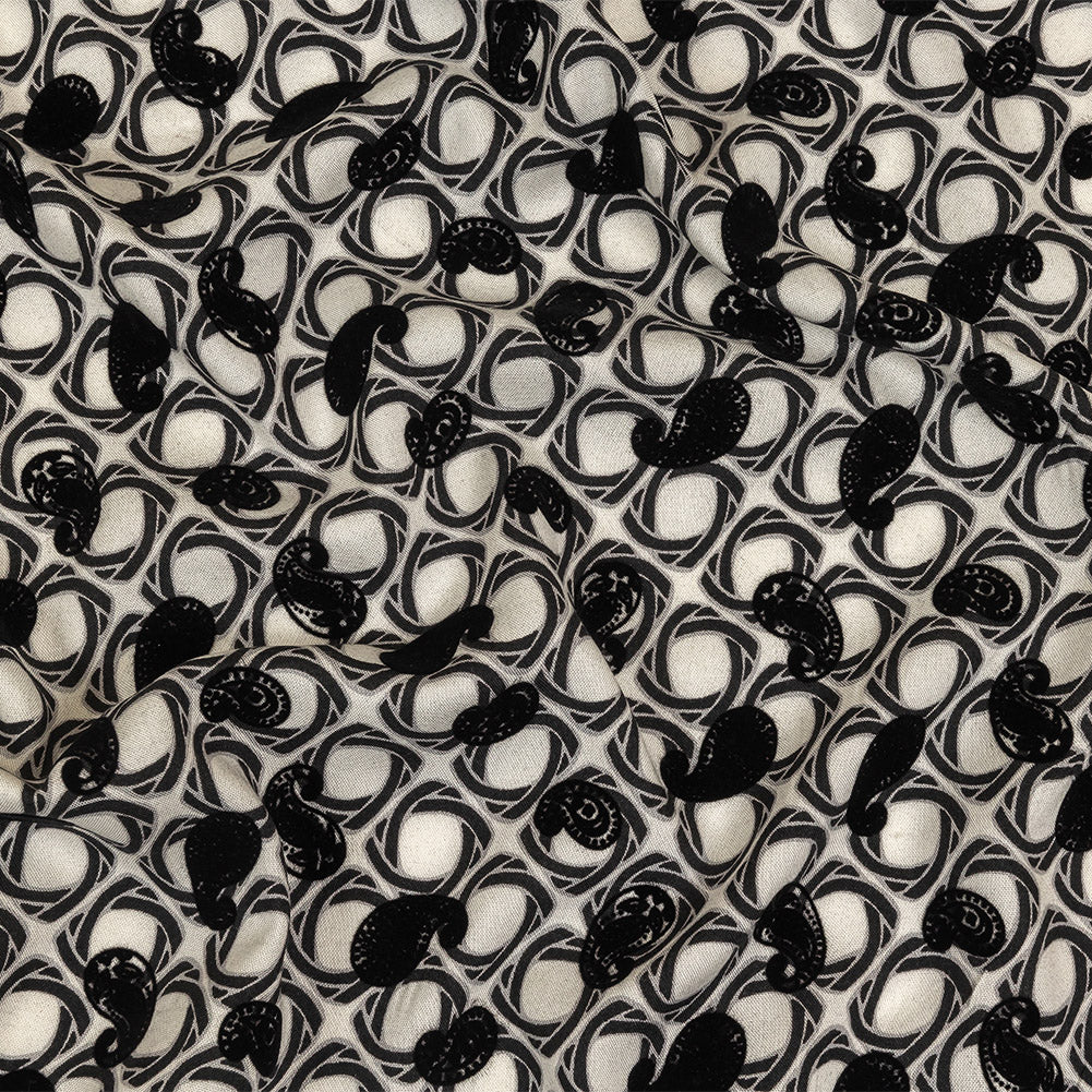 Black and White Flocked Paisley on Twisted Squares Printed Viscose Woven - Joann Fabrics