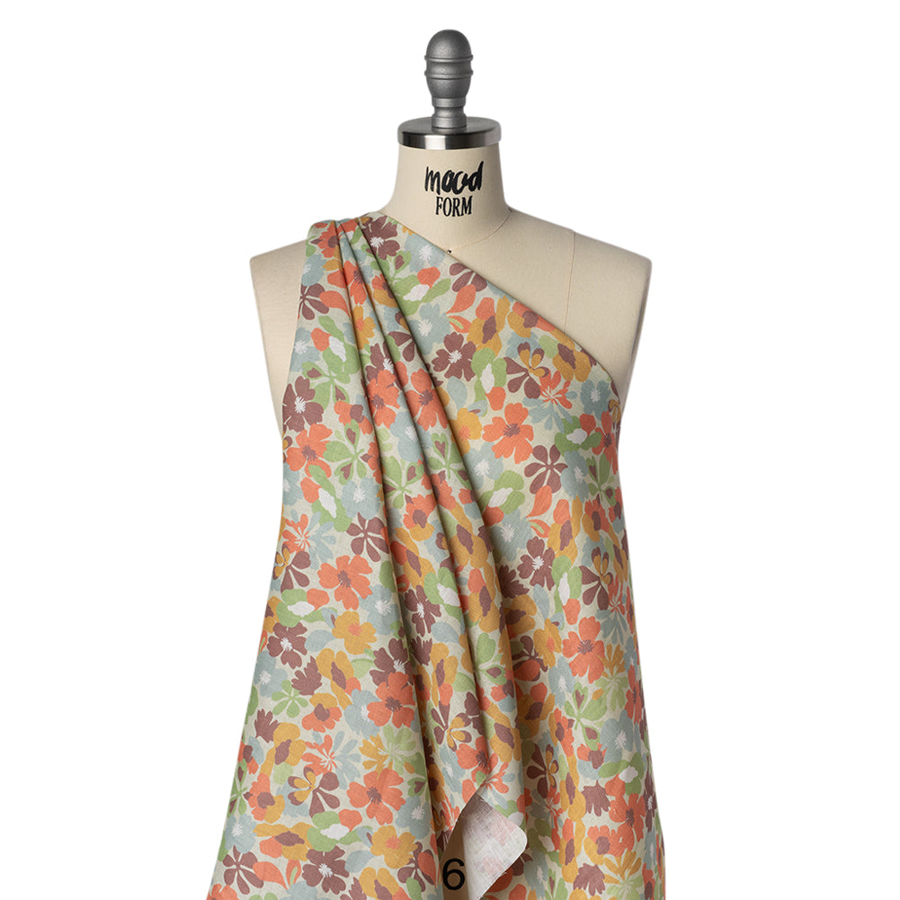 Medium Weight Linen Woven Print - Pale Green, Taupe, and Coral Floral - Joann Fabrics