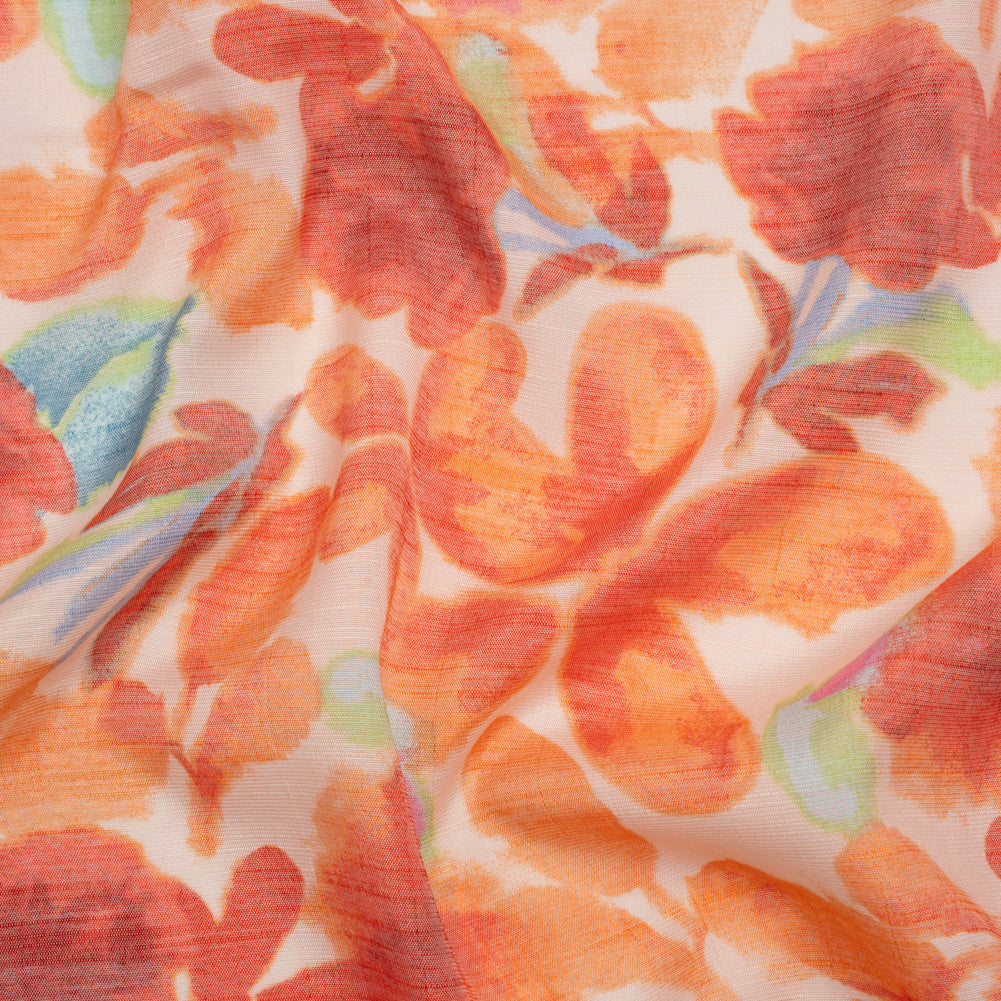Slubbed Gauzy Rayon and Polyester Woven Print - Papaya Orange, Red and Green Floral - Designer Deadstock - Joann Fabrics