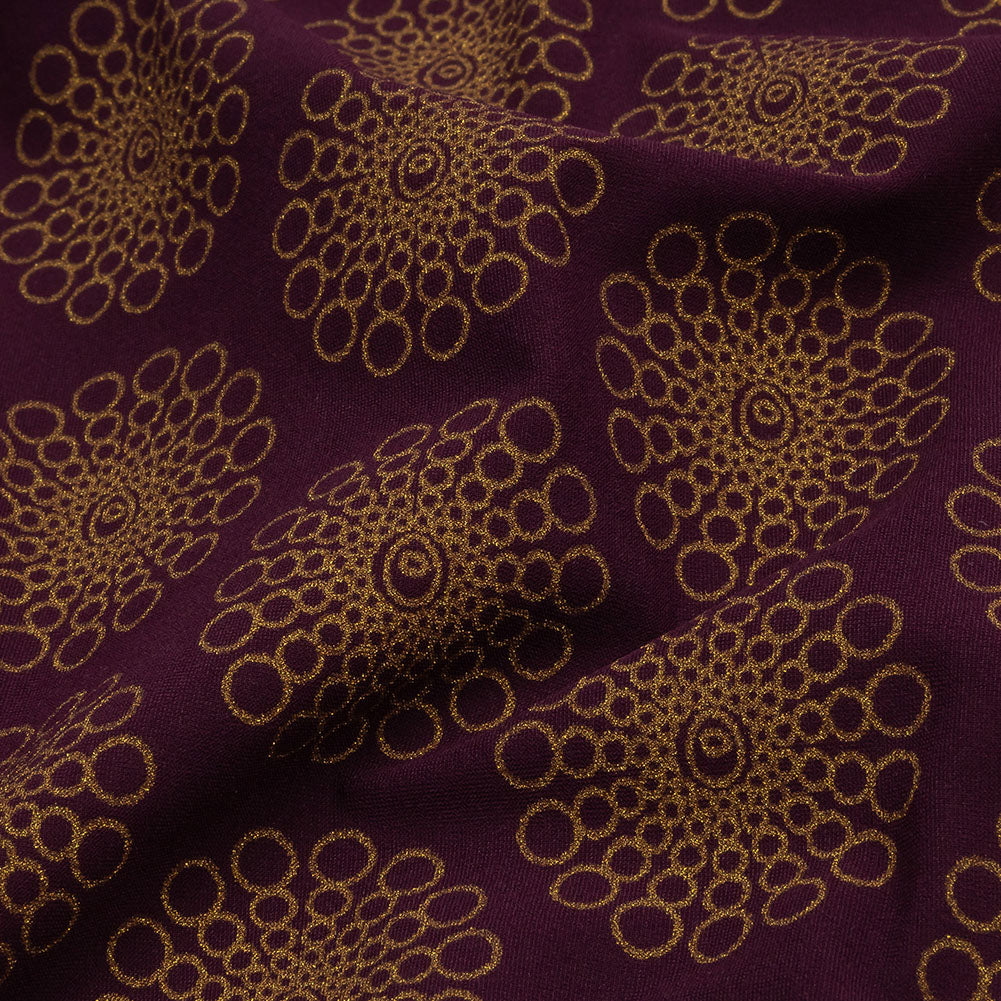 Italian Grape and Metallic Dark Gold Floral Circles Stretch Nylon Jersey - Joann Fabrics