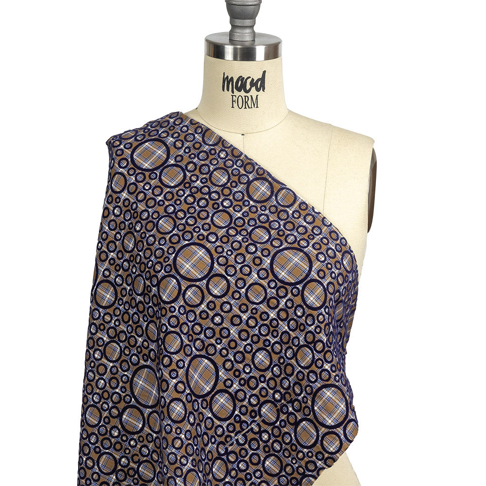 Tan, White and Navy Flocked Circles on Plaid Rustic Cotton and Polyester Woven - Joann Fabrics