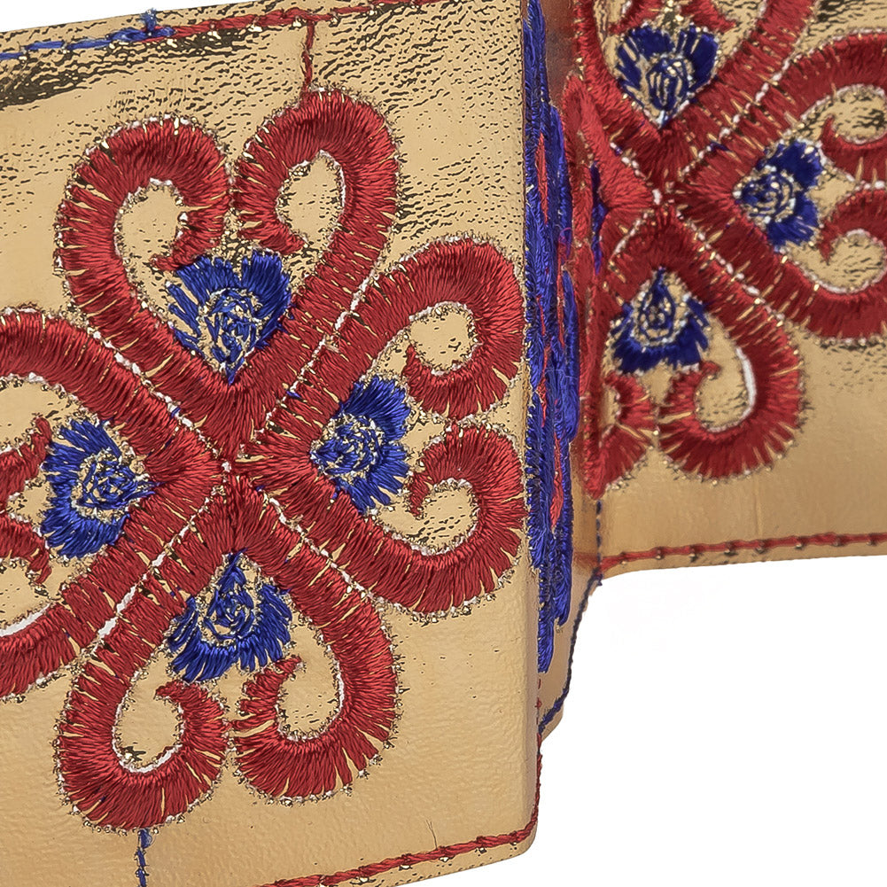 Vintage English Navy and Red Embroidered Gold Metallic Vinyl Ribbon - 2.75