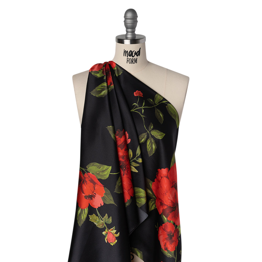 Silk Charmeuse Print 16MM, Made in Italy - Black and Red Scattered Roses - Joann Fabrics