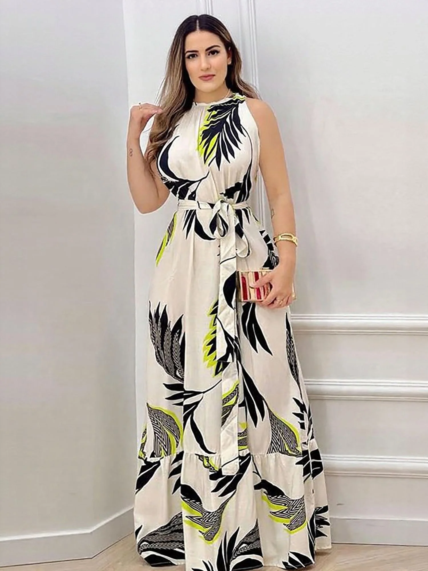 White Printed High Neck Maxi Dress