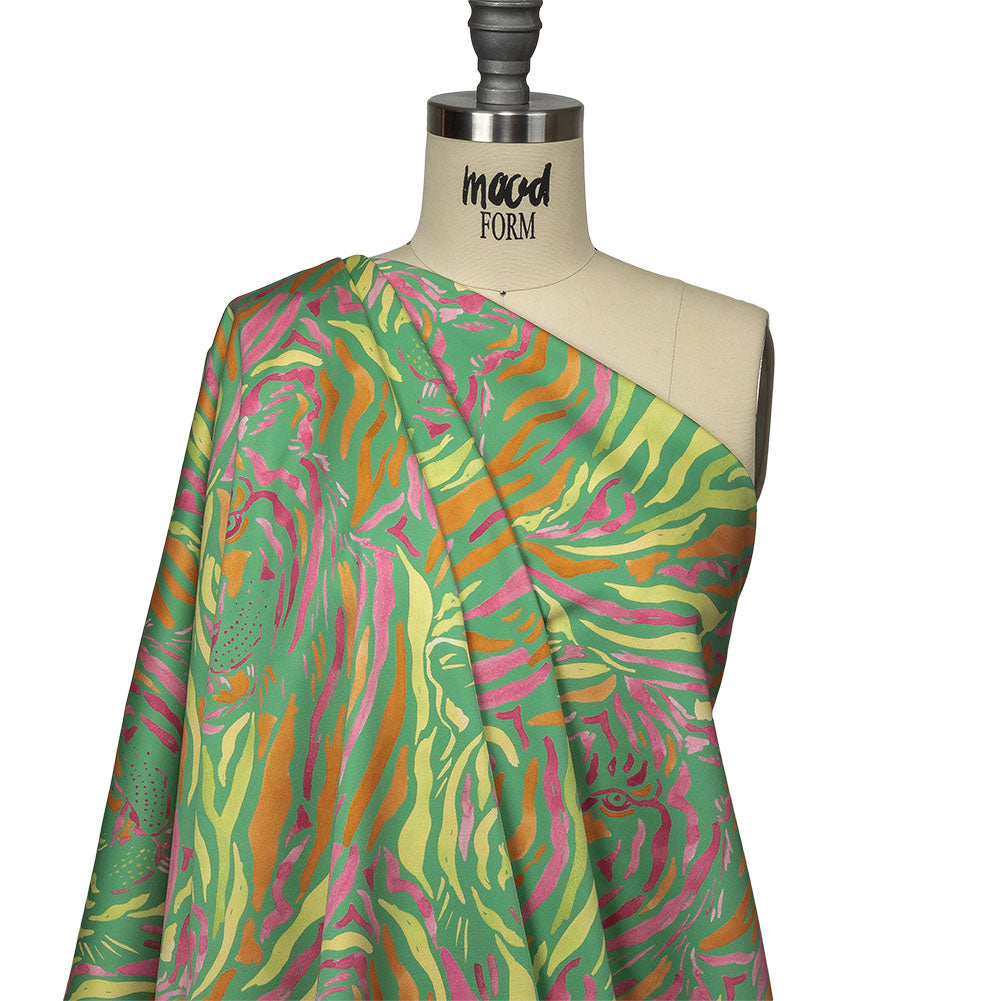 Stretch Cotton Sateen - Green and Pink Tiger Stripes - Rainforest Refreshment Print - Mood Exclusive Citrus Collection - Joann Fabrics