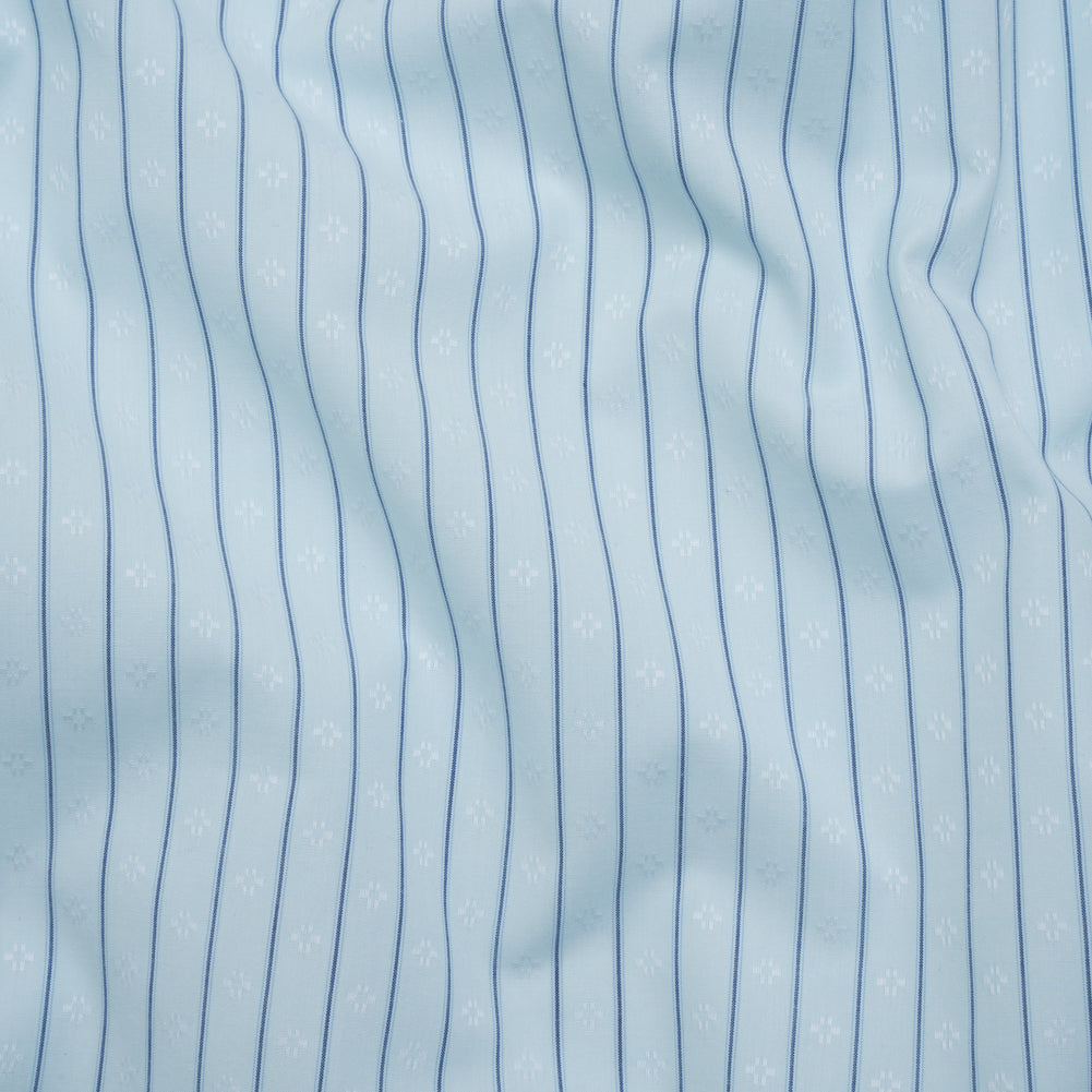 Cotton Dobby Shirting - Aqua Blue and Navy Stripes and Pluses - Deadstock - Joann Fabrics