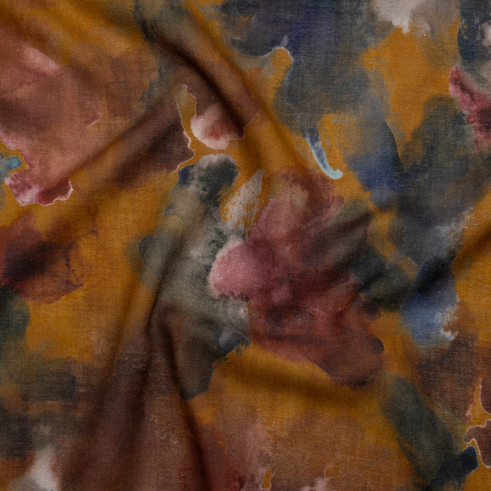 Cotton Crepe - Mustard Yellow, Burgundy and Dark Blue Abstract Watercolor - Mood Exclusive Flowing Horizons Print - Joann Fabrics