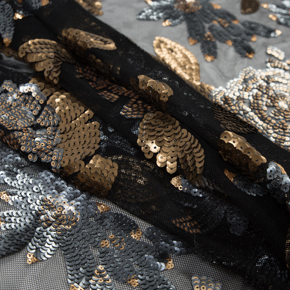 Mesh with Sequin Flowers - Gold and Gray on Black - Joann Fabrics