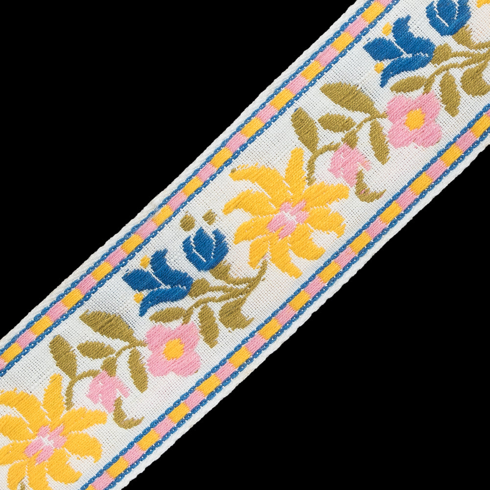 White, Yellow and Pink Floral Jacquard Ribbon - 1.625