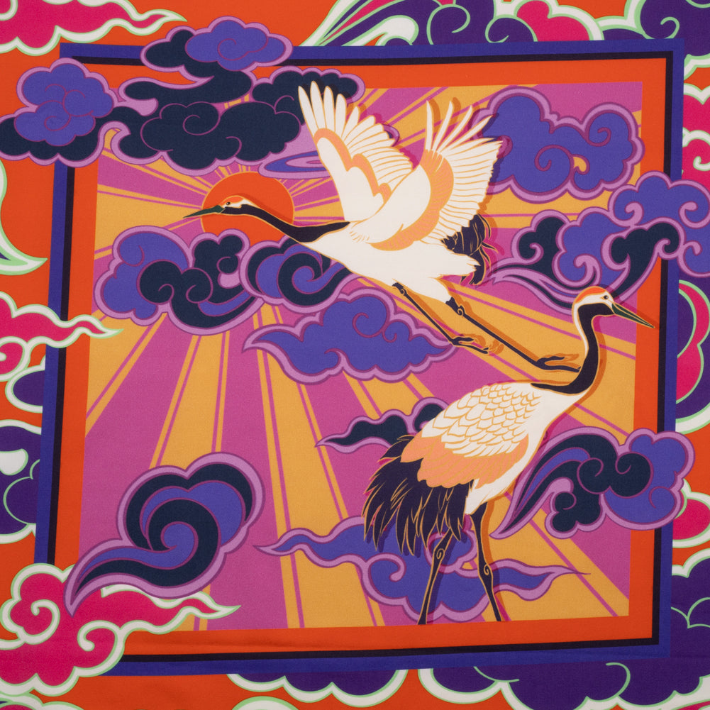 Stretch Cotton Sateen Panel - Purple and Orange Cranes and Clouds - Sunrise Flight Print - Mood Exclusive Chariot Collection - Joann Fabrics