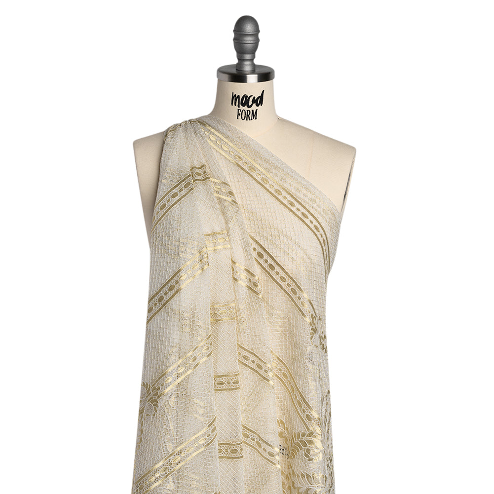 Metallic Re-Embroidered Raschel Lace - Ivory and Gold Stripes and Diamond Lattice with Floral Border - Joann Fabrics