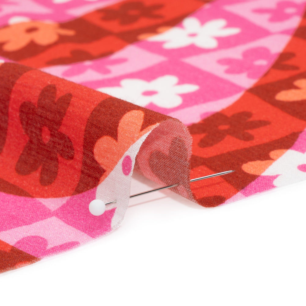 Crinkled Cotton Gauzy Woven Print - Red and Pink Flowers and Swirls on Checks - Mood Exclusive Gardener's Game - Joann Fabrics