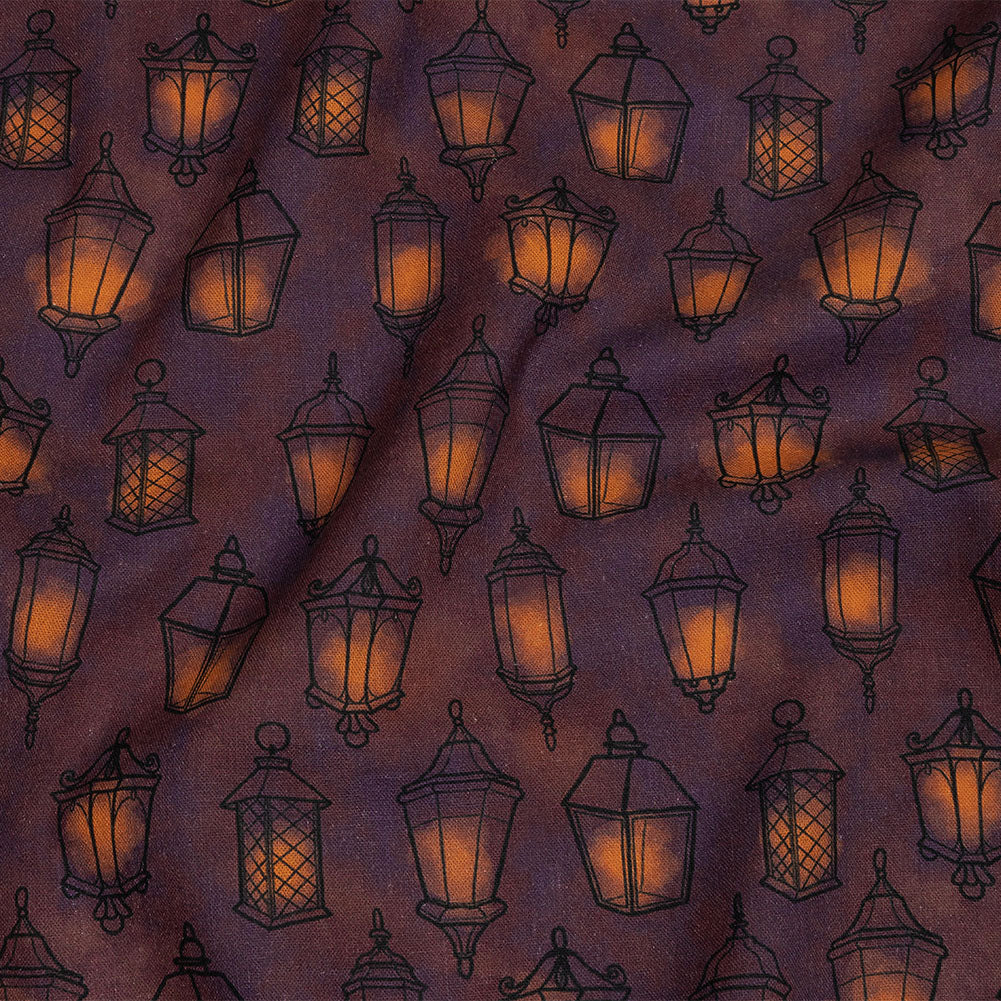 Linen and Rayon Woven - Purple Lanterns - By Lantern Light Print - Mood Exclusive Jack-O-Lantern Collection - Joann Fabrics