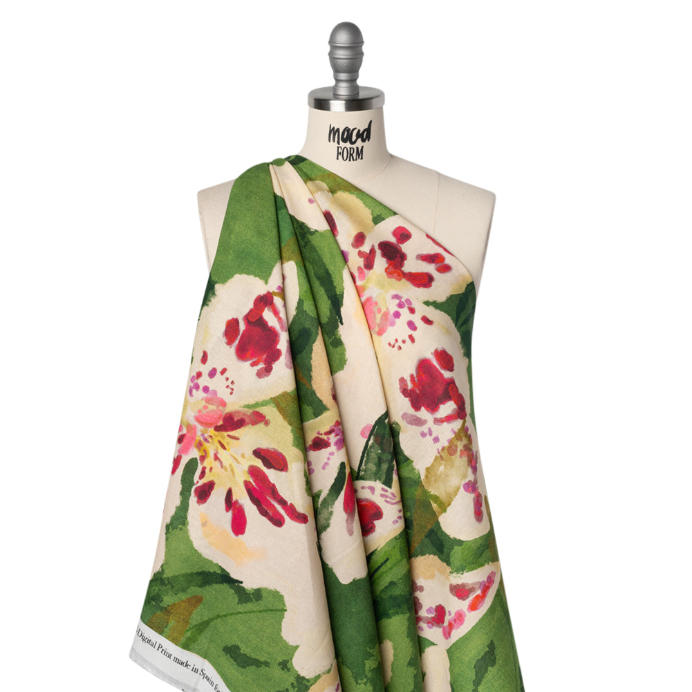 Linen and Rayon Woven - Green, Cream and Magenta Painterly Lilies - Mood Exclusive Petal Poesy Print - Joann Fabrics