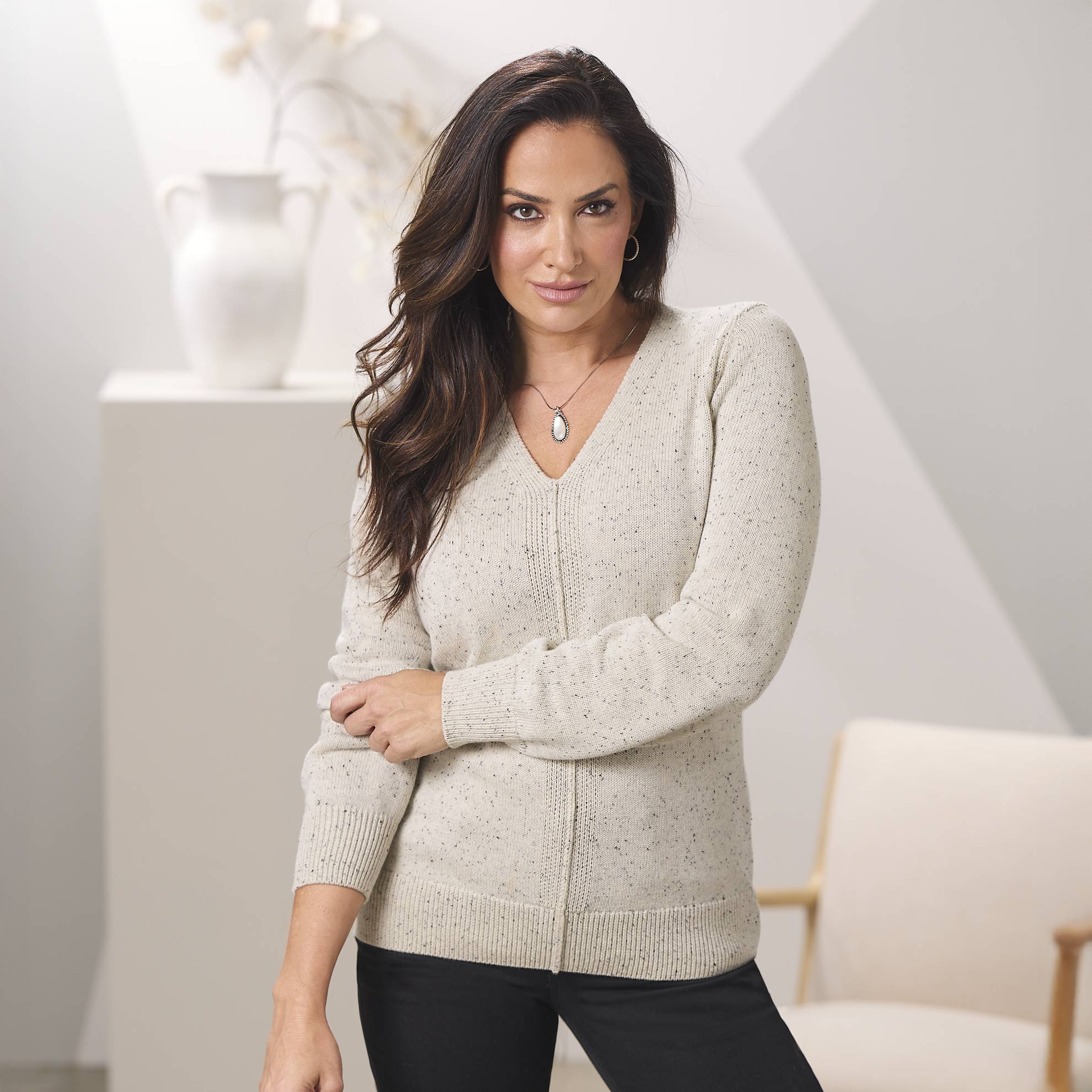 Tweed V-Neck Pullover Sweater, Center Front Seam - Northstyle Catalog