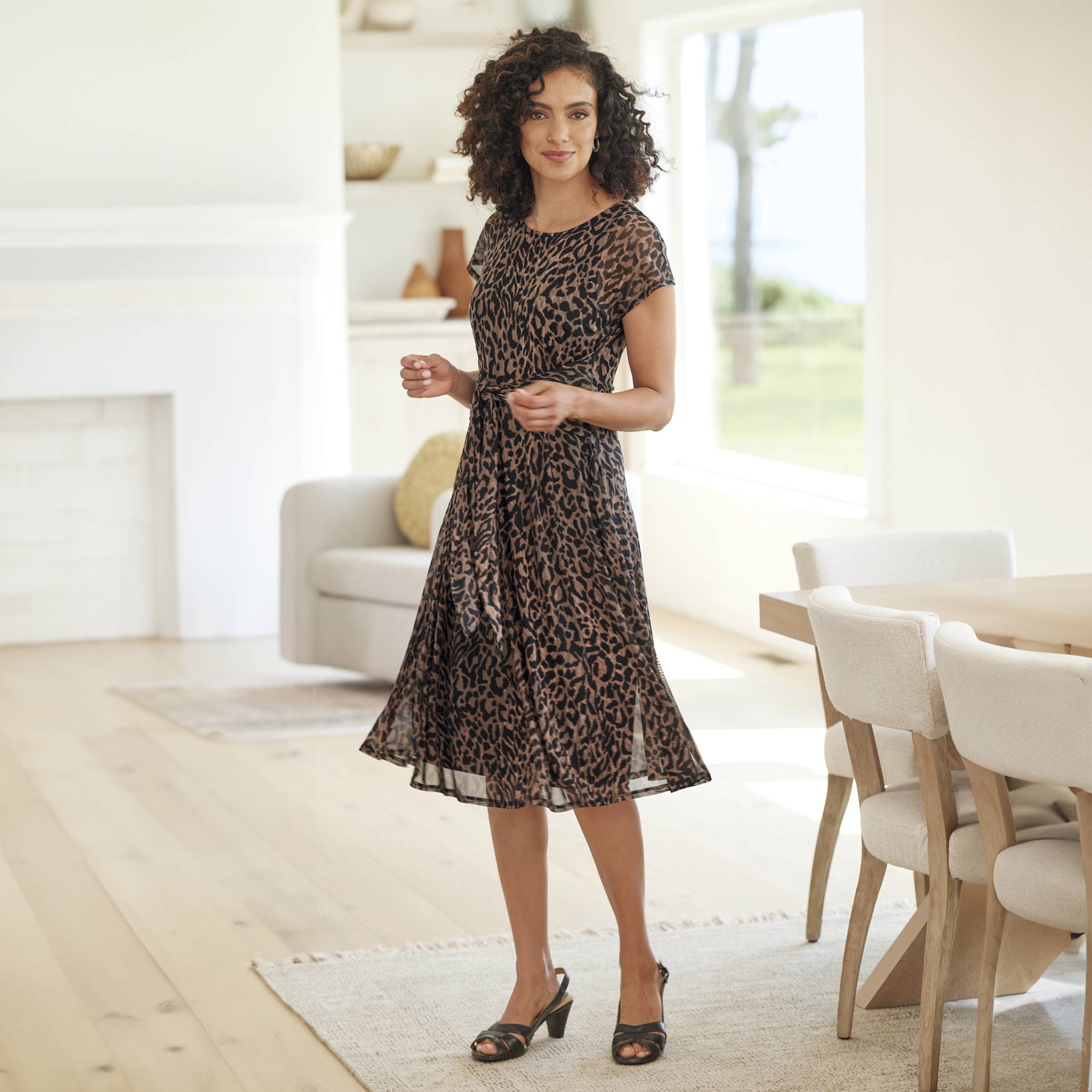 Tie-Front Mesh Dress, Semi Sheer Short Sleeves, Waist Tie, Fully Lined - Northstyle Catalog