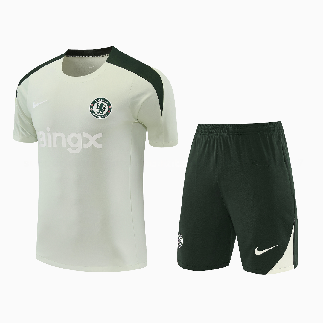C.H.E.L.S.E.A 25-26 Short-Sleeve Training Set - Light Gray With Dark Green Accents Top & Dark Green Pants - UnitedFutballJersey