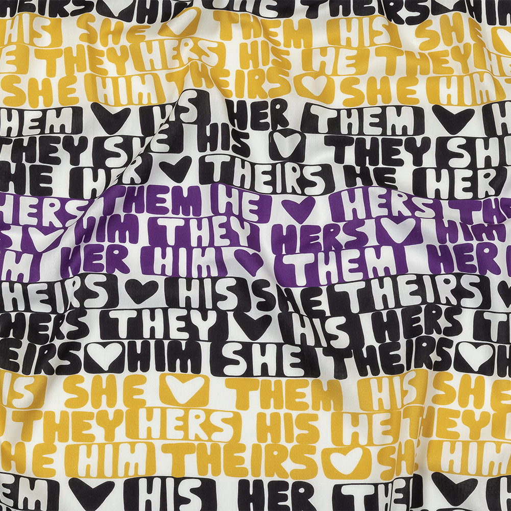 Mercerized Organic Egyptian Cotton Voile - Black, Purple and Yellow Pronoun Stripes - More Than Words Print - Mood Exclusive Pride Collection - Joann Fabrics