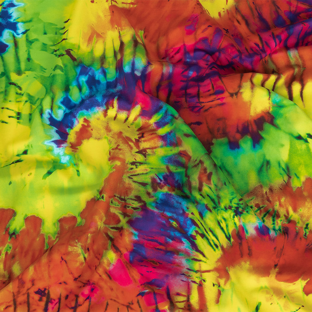 Compression Swimwear Tricot, UV Protective with Aloe Vera Microcapsules - Summer Green and Orange Splash Tie Dye - Caye Collection - Joann Fabrics