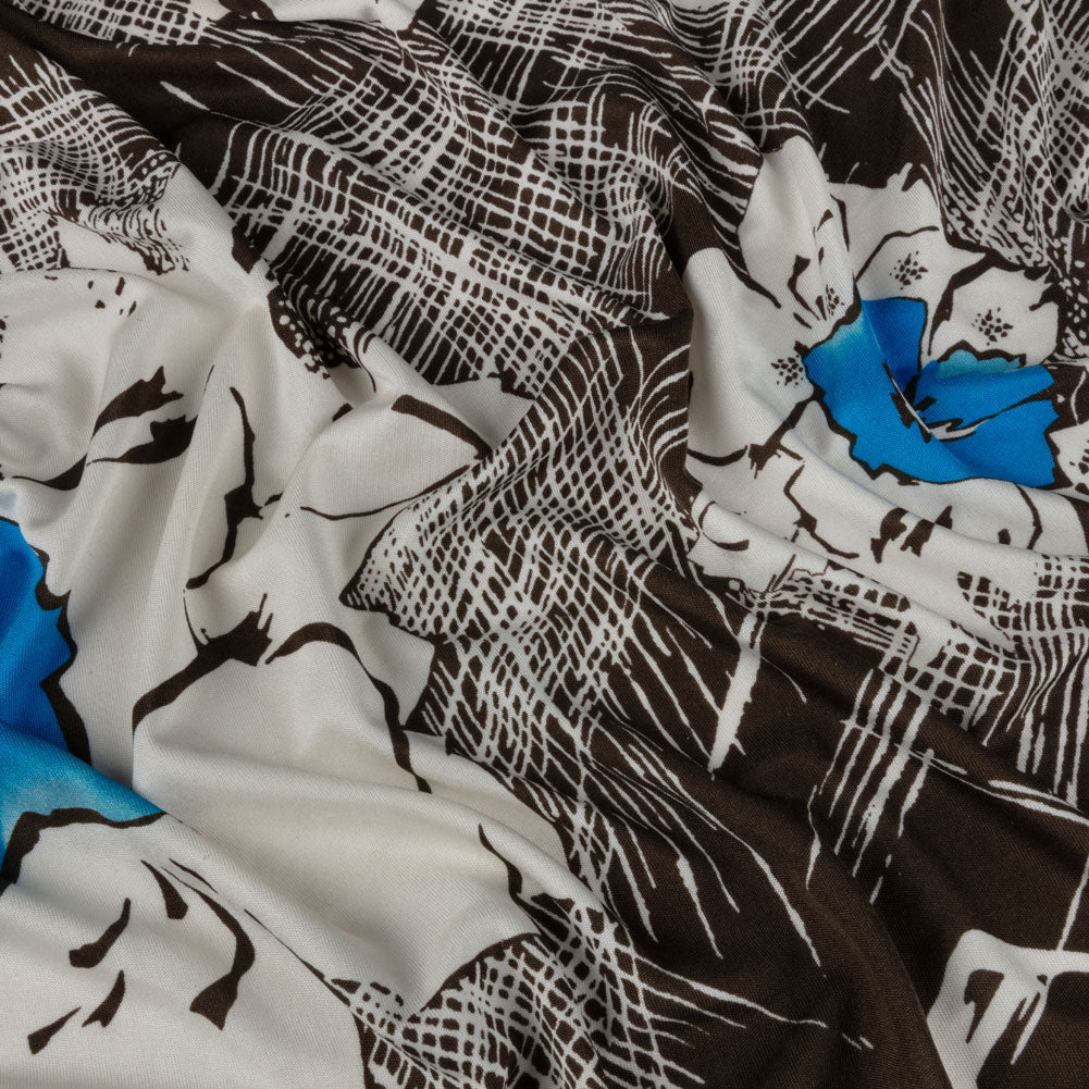 Dark Brown, Bright Blue and Cream Flowers and Crosshatching Silk Jersey - Joann Fabrics
