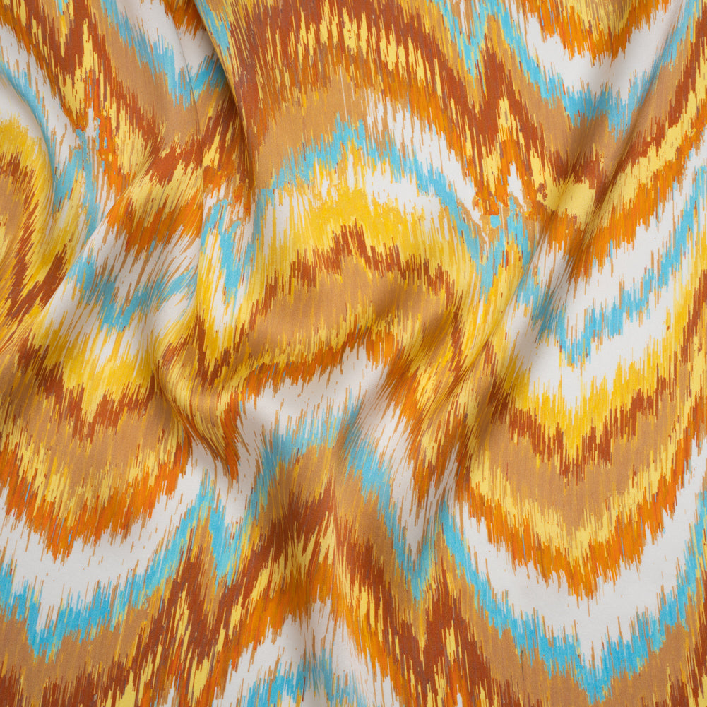 Silk Charmeuse Print 16MM, Made in Italy - Orange, Yellow and Turquoise Ikat Marbled Waves - Joann Fabrics