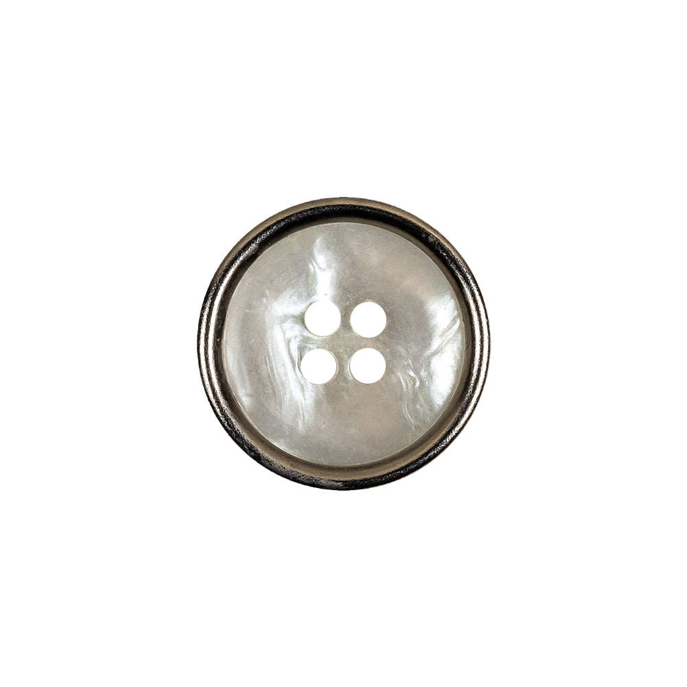 Italian Iridescent White 4 Hole Button with Silver Metal Rim - 28L/18mm - Joann Fabrics