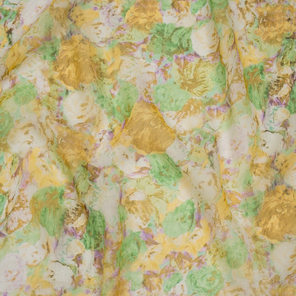Silk Chiffon Print Made in Italy - Yellow, Green and Lilac Painterly Floral - Deadstock - Joann Fabrics