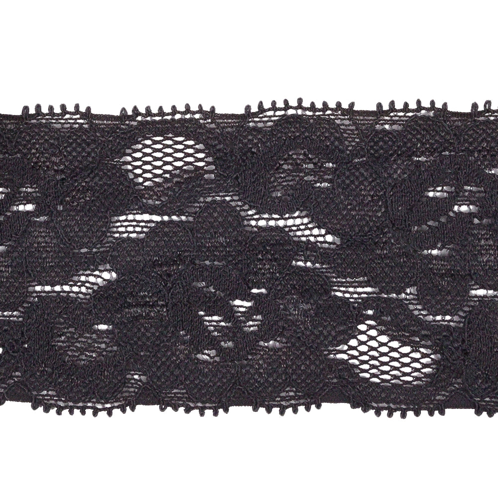 Famous NYC Designer Dark Gray Floral Stretch Lace Trim - 1.75