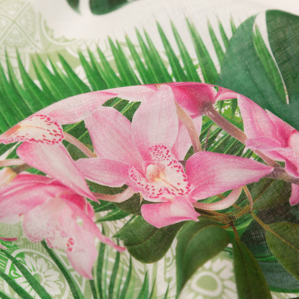 Pesto Palms and Pink Lilies Printed Linen Woven - Joann Fabrics