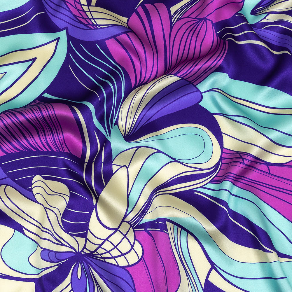Mood Exclusive Italian Sky Blue, Frozen Dew and Iris Orchid Art Nouveau Flowers Border Print Silk Charmeuse - Joann Fabrics