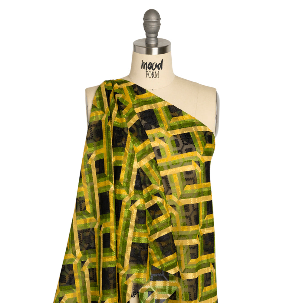 Geometric Burnout Polyester Woven Print - Green, Yellow and Black Geometric - Mood Exclusive Bananquit Babble - Joann Fabrics