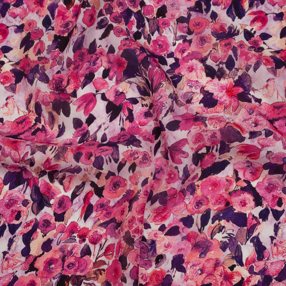 Silk Georgette Print Made in Italy - Pink, Dark Purple and Lavender Watercolor Roses - Deadstock - Joann Fabrics
