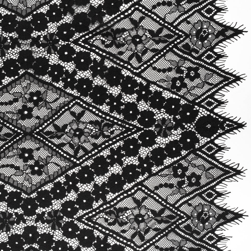 Cotton and Nylon Re-Embroidered Lace Panel with Finished Edges - Black Diamonds and Flowers - Joann Fabrics