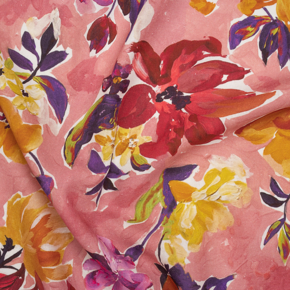 Linen and Rayon Woven - Dusty Rose, Golden Yellow and Dark Purple Painted Flowers - Mood Exclusive Brushstroke Blooms Print - Joann Fabrics