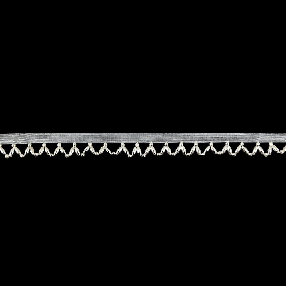 Vintage White and Pearl Beaded Scalloped Fringe Trim on Polyester Mesh - 0.5