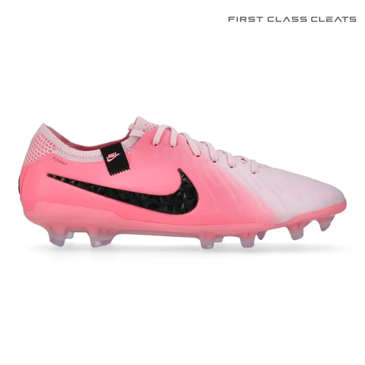 Side profile of a pink Tiempo Legend 10 football boot with a pale pink toe, deeper pink heel, large black swoosh, pale laces and translucent studs.