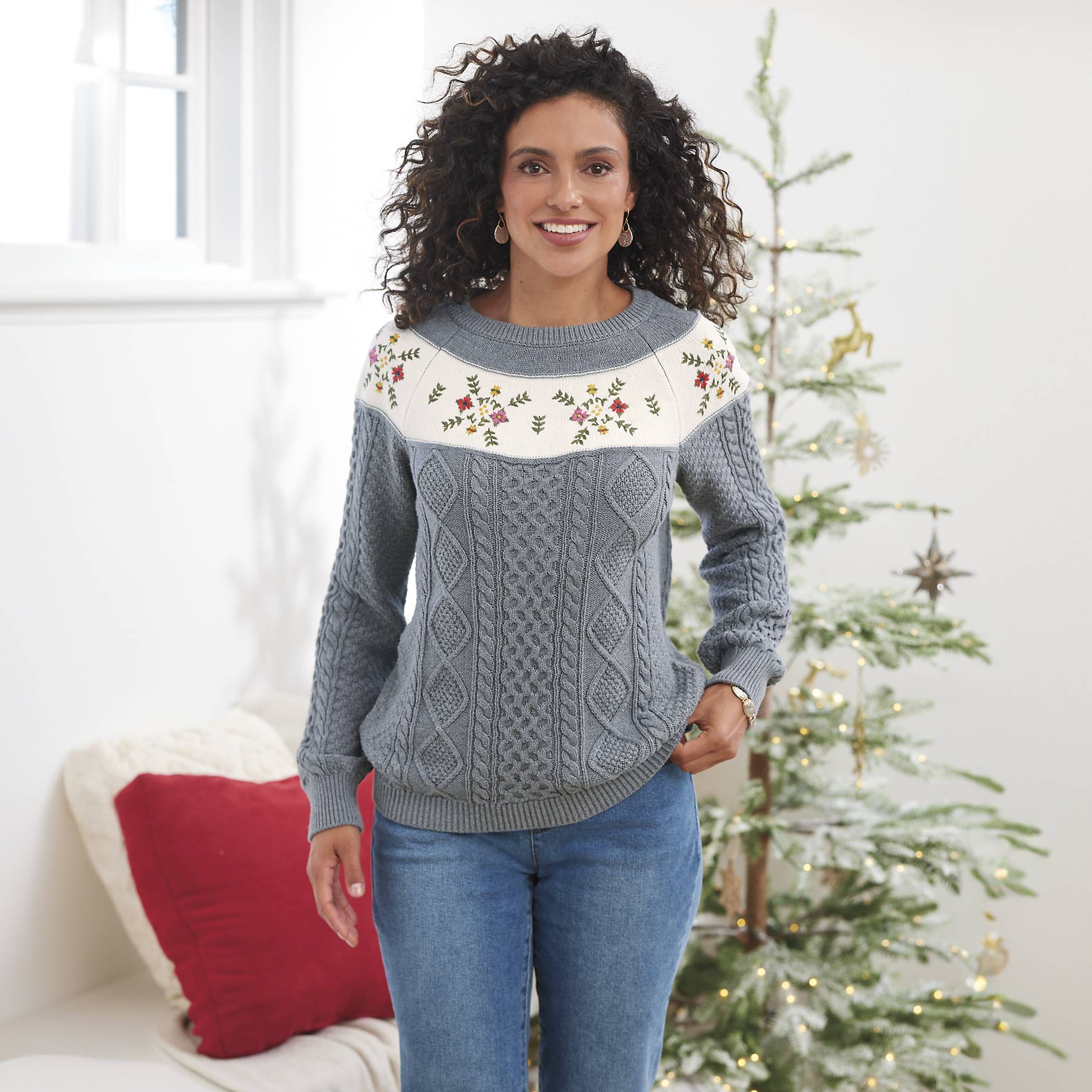 Embroidered Flowers Cable Sweater, Long Raglan Sleeves - Northstyle Catalog