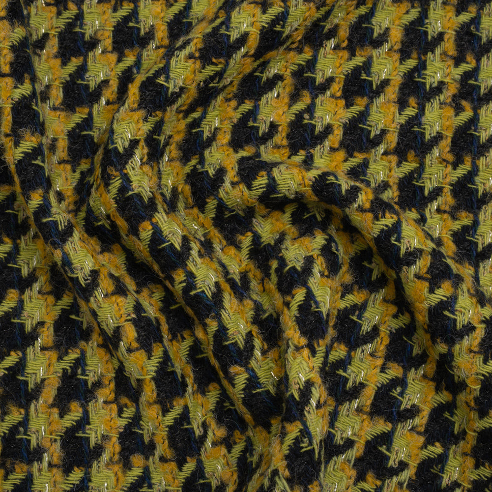 Metallic Wool Blend Tweed Boucle Twill Made in Italy - Forest Green, Lime and Mustard Yellow Houndstooth - Joann Fabrics