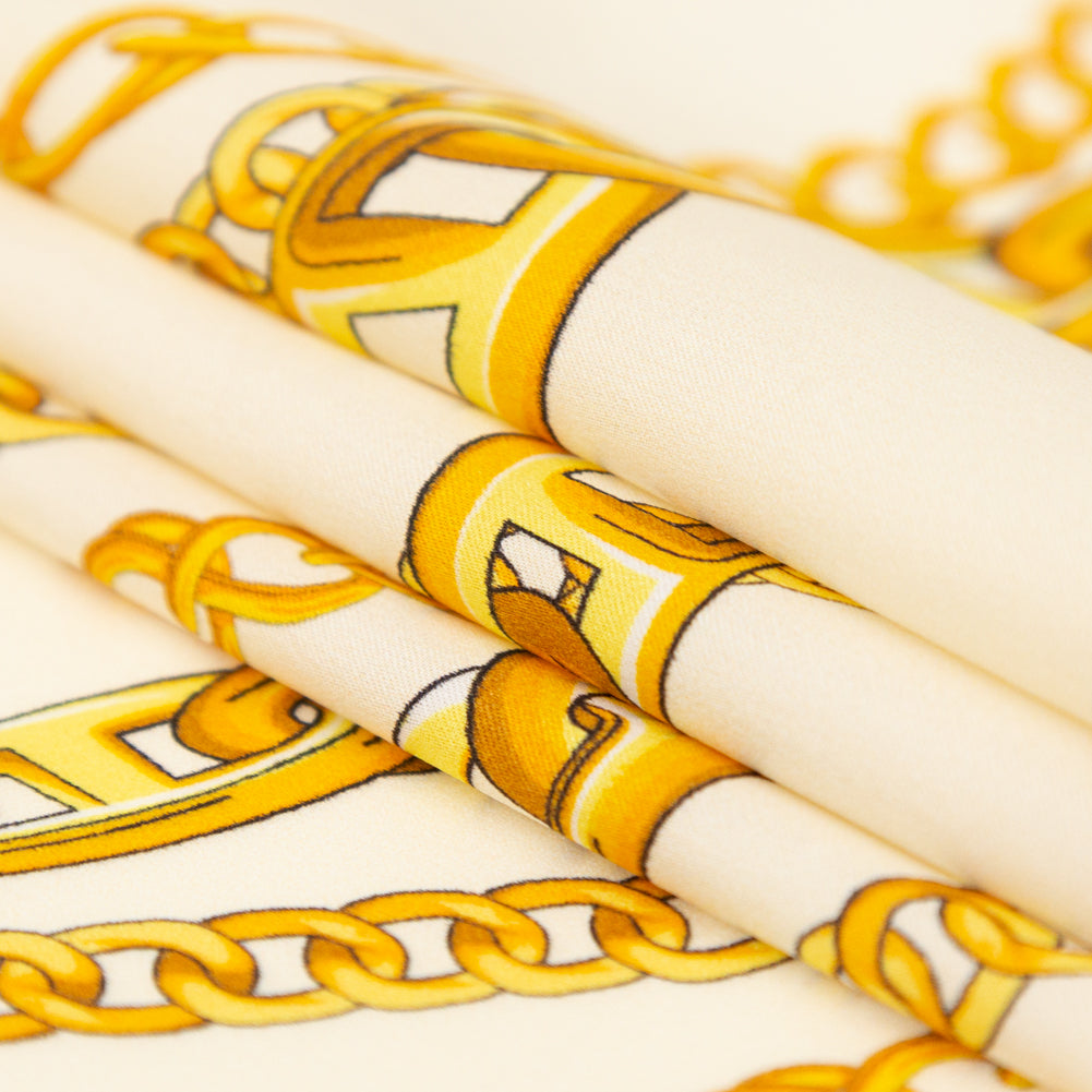 Mood Exclusive Italian Chino Green and Gold Chains Digitally Printed Silk Charmeuse - Joann Fabrics