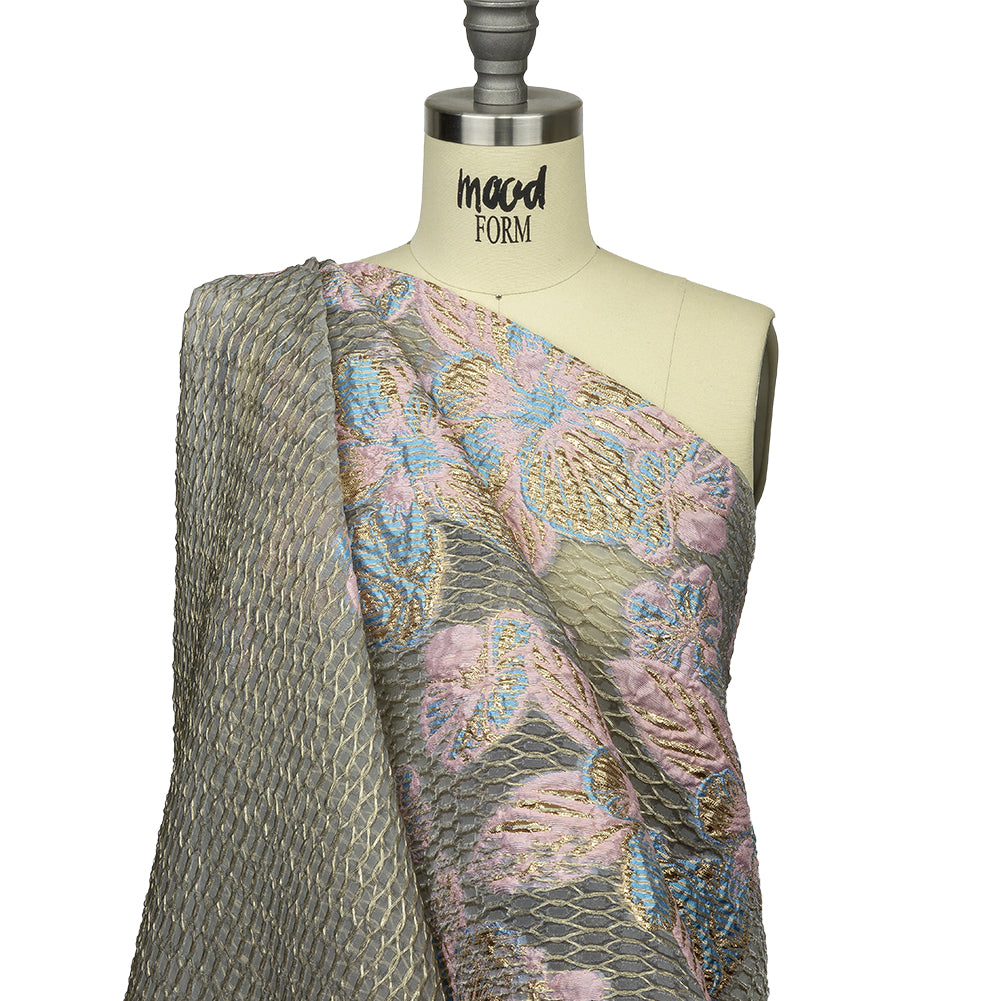 Metallic Bright Gold, Pink-a-boo and Bonnie Blue Florals and Latticework Sheer Luxury Brocade - Joann Fabrics