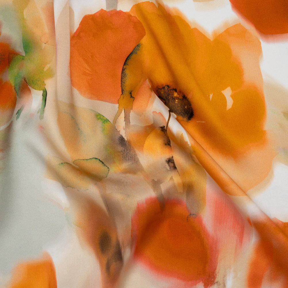 Silk Charmeuse Print 16MM, Made in Italy - Orange and Golden Yellow Soft Watercolor Florals - Joann Fabrics