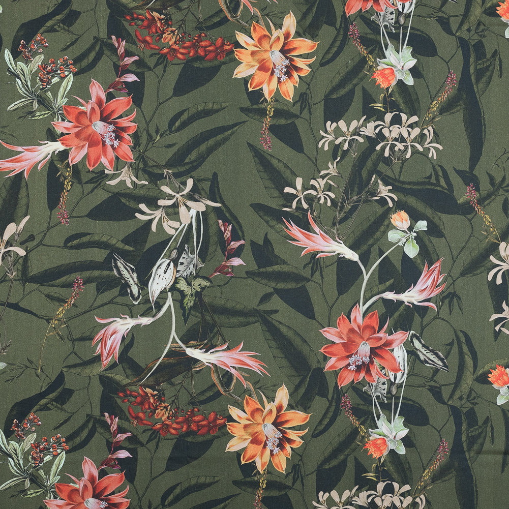 Stretch Cotton Sateen - Olive Green Flowers and Leaves - Les Tropiques Print - Mood Exclusive Jacques Collection - Joann Fabrics