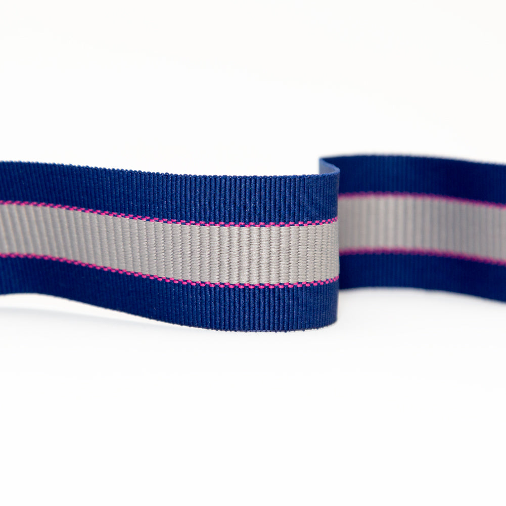 Italian Royal Blue, Silver and Pink Striped Grosgrain Ribbon - 1.25