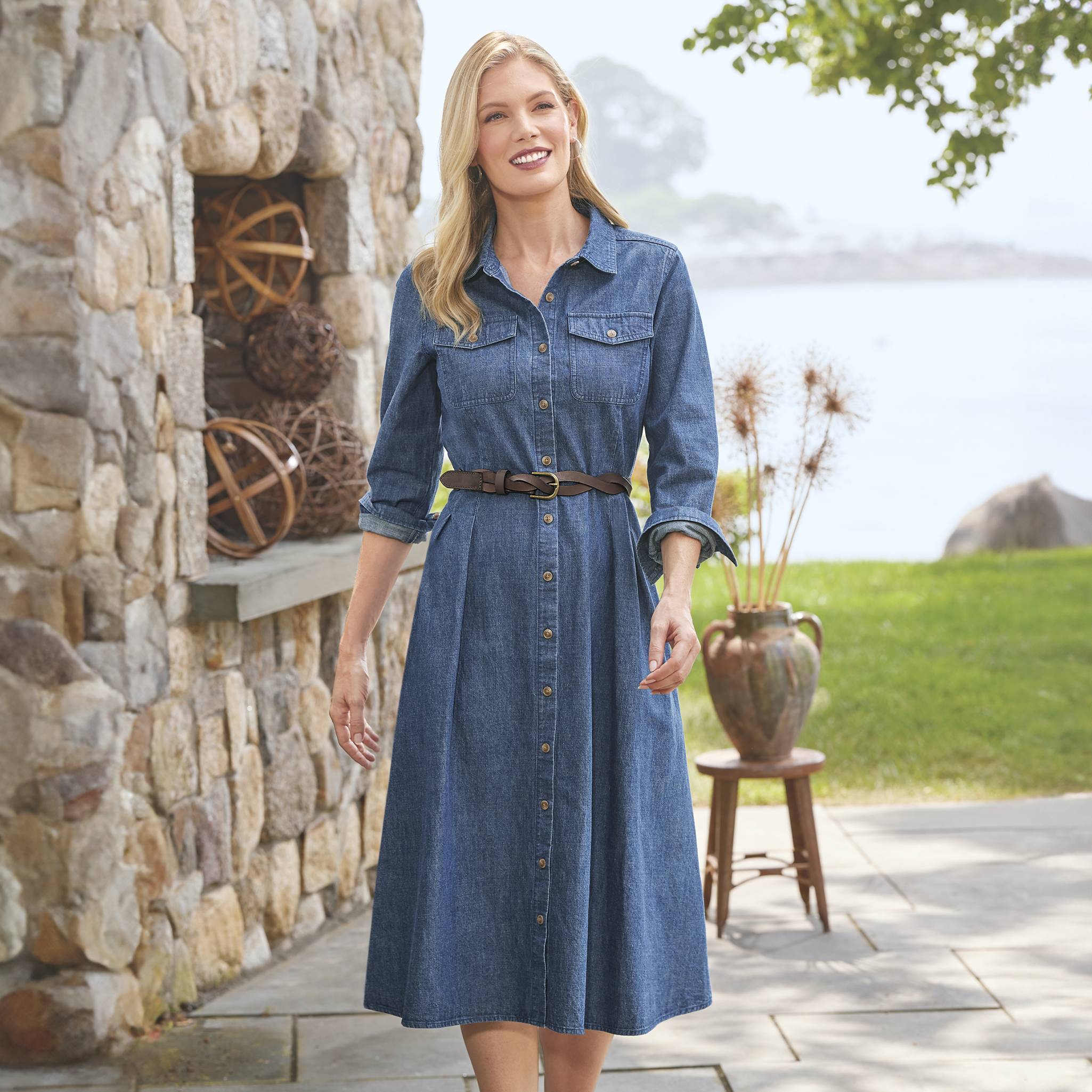 Cotton Denim Shirtdress, Full Button Front, Chest & Side Pockets - Northstyle Catalog