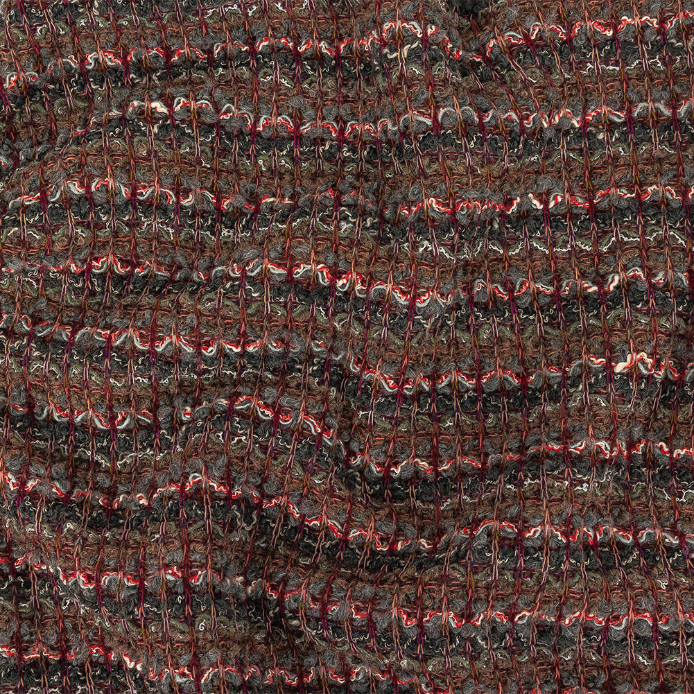 Dark Gull Gray, Golden Olive and Coral Stripes Boucled Wool Sweater Knit - Joann Fabrics
