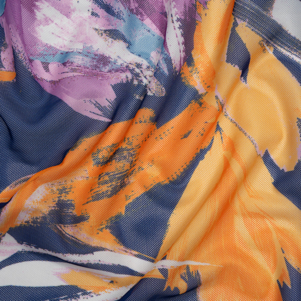 Stretch Polyester Mesh Print - Navy, Plum and Orange Painterly Floral - Designer Deadstock - Joann Fabrics