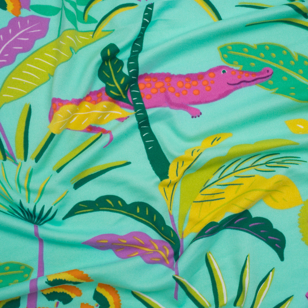 Stretch Polyester ITY Jersey Print - Aqua, Pink and Yellow Crocodiles and Palm Leaves - Deadstock - Joann Fabrics